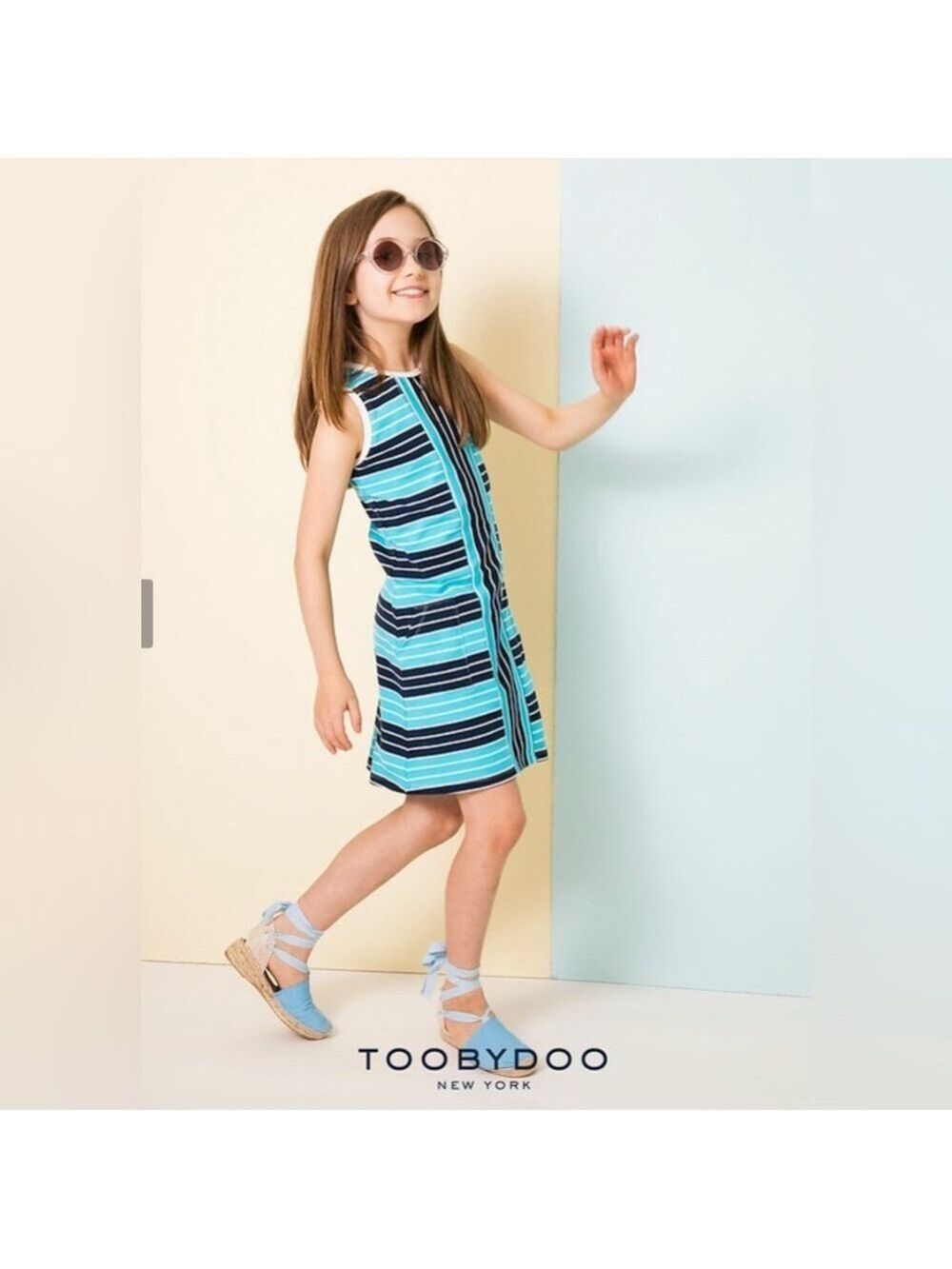 Toobydoo Blue and Black Striped Cotton Sleeveless Dress